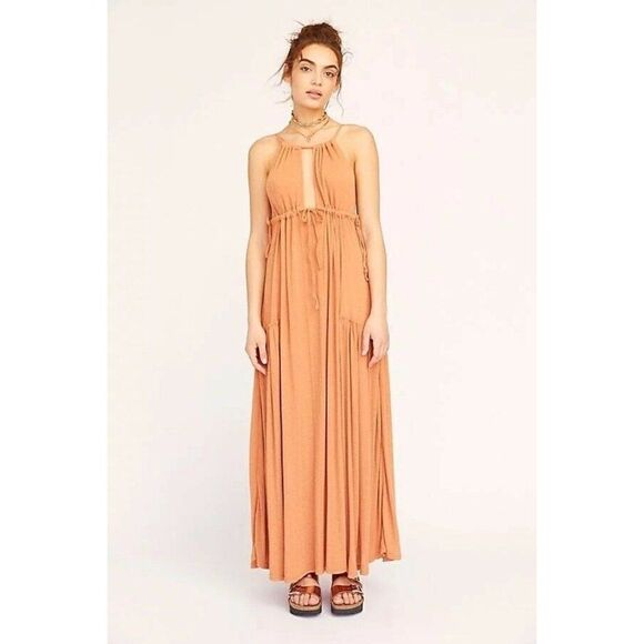 NEW FREE PEOPLE FP BEACH Sz S LOVE SPELL MAXI DRESS RIBBED HALTER DRESS CINNAMON - Picture 1 of 3